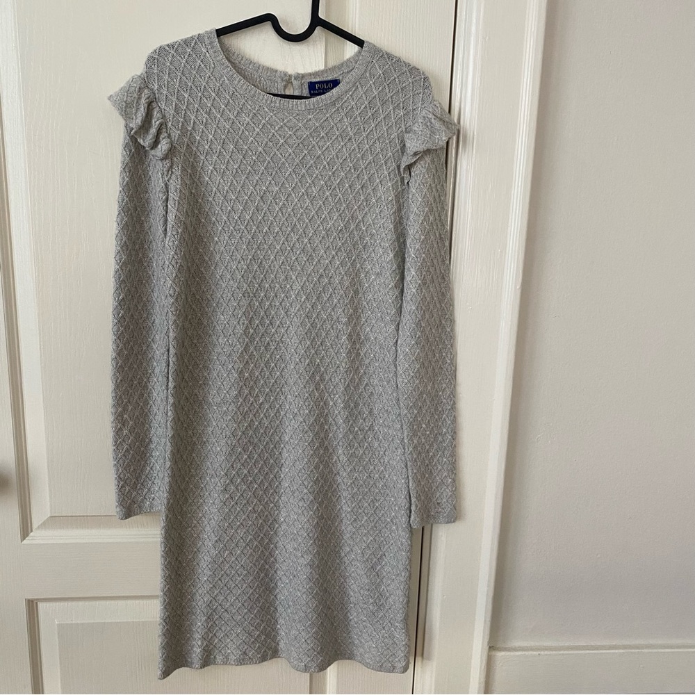 NWT Polo Ralph Lauren Grey Diamond Quilted Wool Cashmere Ruffle Sweater Dress XS